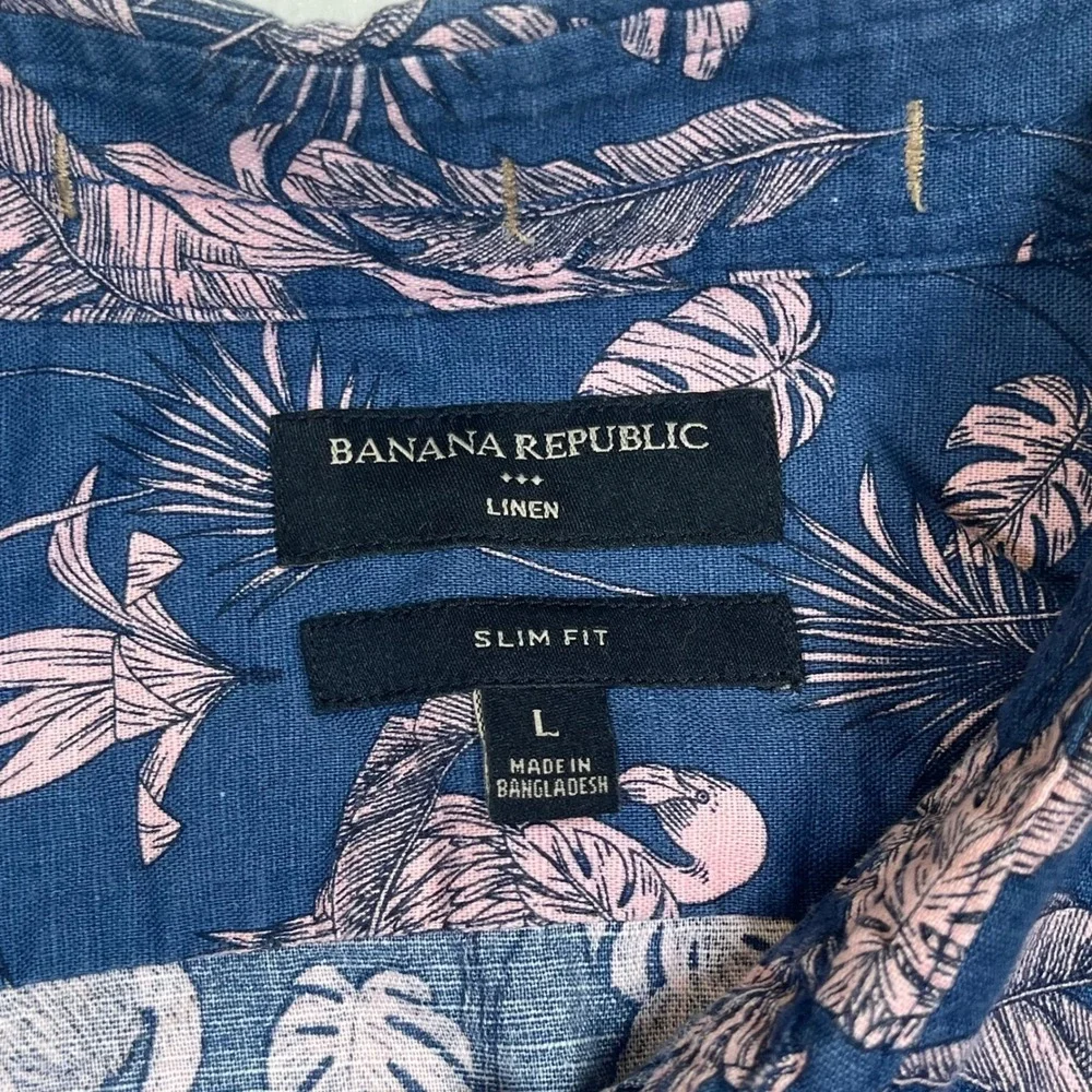 Banana Republic 100% Linen Shirt Blue Flamingo Tropical Coastal Beach Summer L